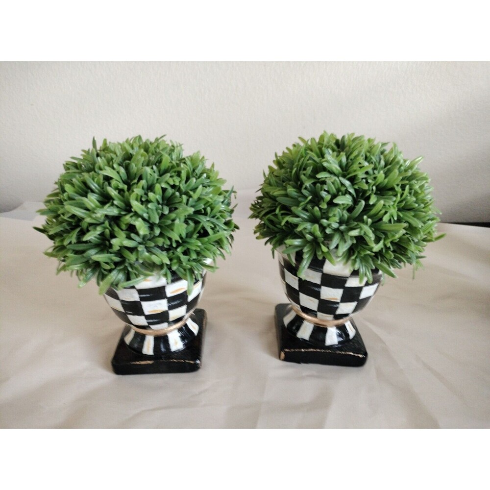 Pair of Urn Planters with Rosemary Plants 8" hgt Hand Painted Black White Checks